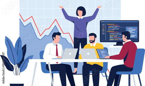 Flat Vector Illustration of Software Developers Collaborating on Code and Data Analytics