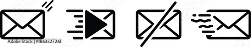 Minimal email message status icon set showing sent, received, blocked, and unread envelopes for communication systems and UI design