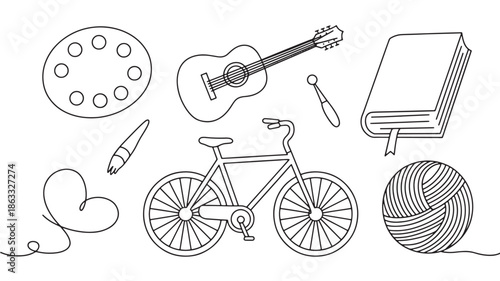 Creative hobbies and leisure doodle with guitar, bicycle and book for web ui minimalist line art