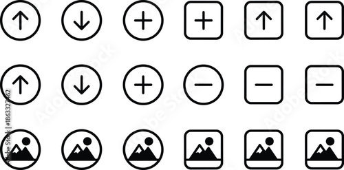 Minimal interface control icon set with arrows, plus minus buttons, and image placeholders for mobile apps, dashboards, and modern UI design