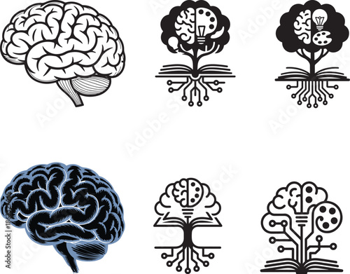 Black and blue brain with tech and book symbols