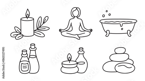 Spa and wellness line icons for relaxation and self-care outline vector symbols