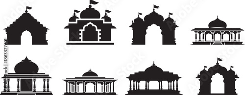 Black and white silhouettes of various architectural monuments