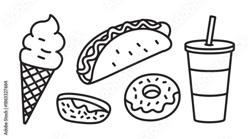 Fast food and dessert menu icons for restaurant app ui outline vector set
