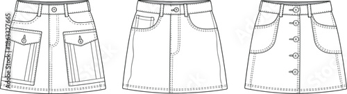 A-line denim skirt sketch, skirt flat drawing, fashion CAD template, buttoned skirt vector, pocket skirt sketch, mini skirt outline