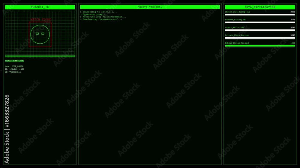 Hacker interface featuring biometric face scanning, terminal code ...