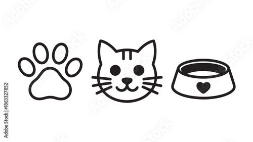Pet shop and animal care icons with paw print, cat head and food bowl minimalist line art vector
