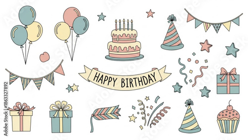 Colorful birthday celebration elements with cake and gifts