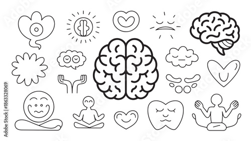 Mental health and mindfulness symbols with brain, heart and meditation figures for UI design line art vector 