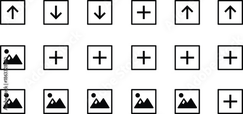 Minimal square UI control icon set with arrows, plus buttons, and image placeholders for mobile apps, dashboards, and web interface design