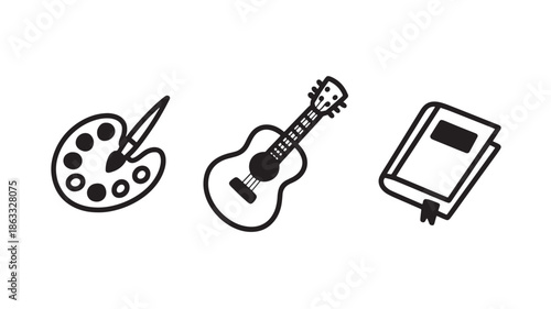 Creative arts, music and education symbols for hobbies and learning apps hand drawn line icons