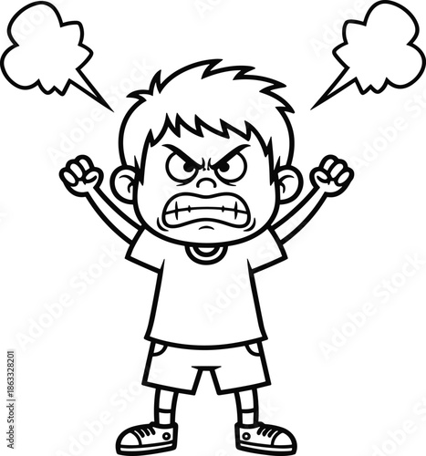 Angry child illustration, cartoon emotion, shouting boy, raised fists, steam head, frustration, black and white, expressive face, emotional drawing, tantrum