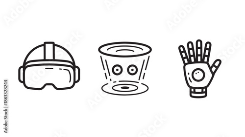Virtual reality and augmented reality technology icons for metaverse ui flat line vector set