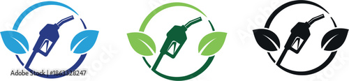 Vector Set of Biofuel and Eco-Friendly Gas Pump Icons with Green Leaves