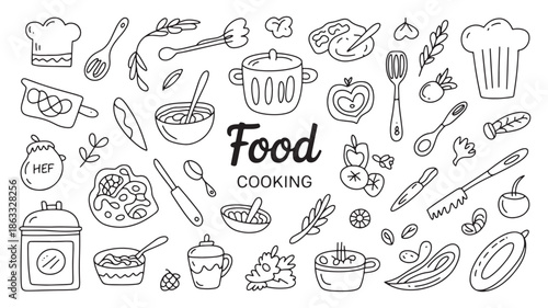 Food and cooking doodle illustration with kitchen utensils and ingredients hand drawn vector art