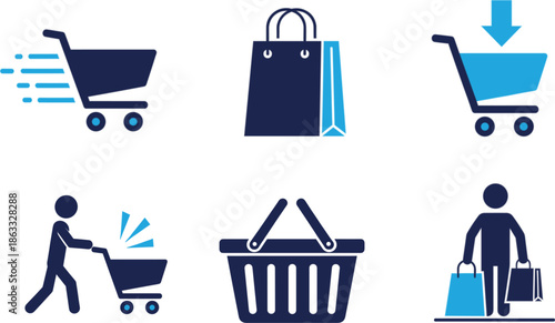 Vector Set of Blue and Navy Shopping Icons for E-commerce and Retail Services