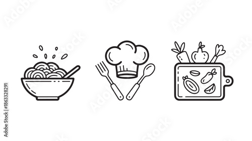 Food and cooking symbols for restaurant menu and recipe app ui minimalist line icons