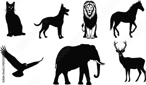 Animal silhouette icons, wild and domestic animals vector set, black animal shapes, wildlife clipart, nature illustration for design projects