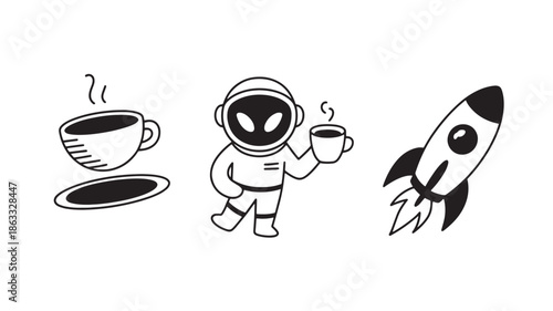 Space exploration and coffee break icons for app ui simple line art vector set