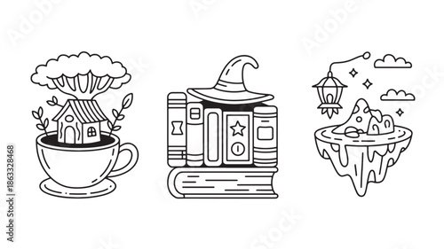 Fantasy and magical concepts with books, witch hat and floating island outline vector illustration