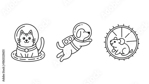 Cute pet animals in space and activity minimalist line art vector icons for games and apps