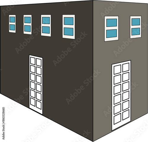 Modern Architectural Facade: A sleek, contemporary building with symmetrical windows and doors, its facade painted in minimalist hues. Reflecting a blend of form and functionality.