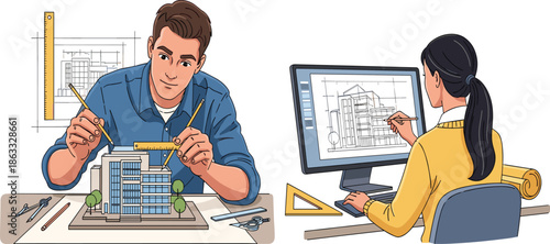 Architects working on building design project, architectural drawing, construction planning, 3D modeling, teamwork, modern architecture, digital drafting, creative engineering, innovation