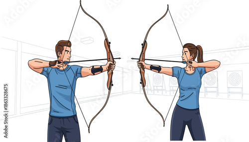 Archery training, man and woman practicing archery indoors, sports activity, bow and arrow practice, teamwork, fitness, focus, target shooting