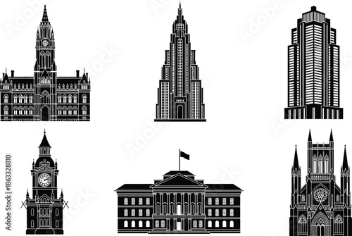 Architectural building silhouettes, iconic landmarks, historical structures, cityscape illustration, black and white, courthouse, cathedral, skyscraper, government, urban design