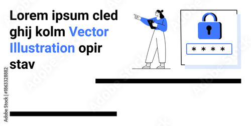 Woman interacts with a secure login concept featuring a password field and lock icon. Ideal for cybersecurity, authentication, privacy, data protection, user interface, education, simple landing page