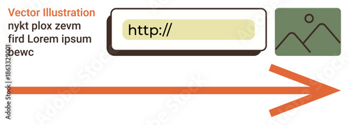 Web design, navigation, online content, directions, hyperlink, user interface. A box with HTTP text, an image placeholder and an arrow pointing rightward. Web design and navigation concept