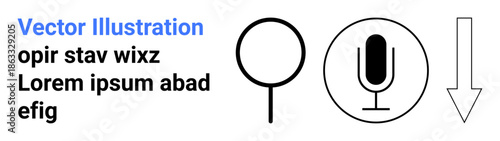 Search tools, media interaction, digital functionality, data download, communication, and information retrieval. Black and white icons of a magnifying glass, microphone and arrow. Search tools