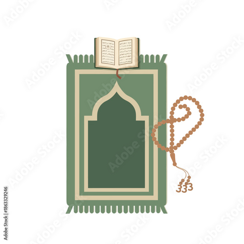 Prayer mat with a book and rosary beads on a serene background