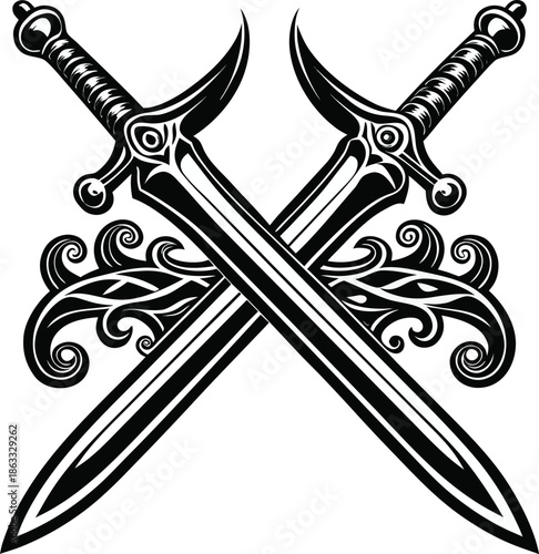 Two crossed swords illustration with steel blades and sharp edges