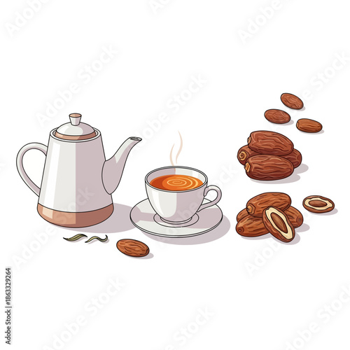 A steaming cup of coffee served with almonds on a clean white background
