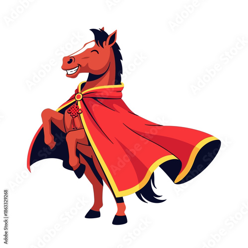 Illustration of a horse wearing a flowing red cape, rearing up on hind legs, isolated on white background