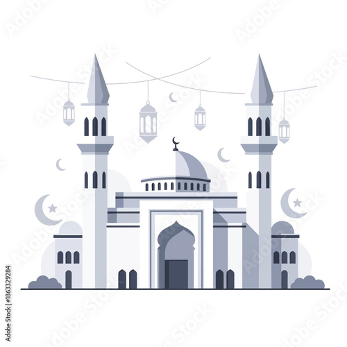 A serene mosque illustration with crescent moons hanging above the entrance