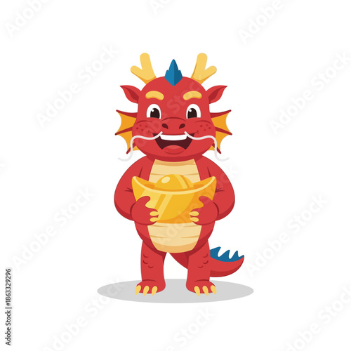 A happy red dragon cartoon holding gold in its hands on a white background