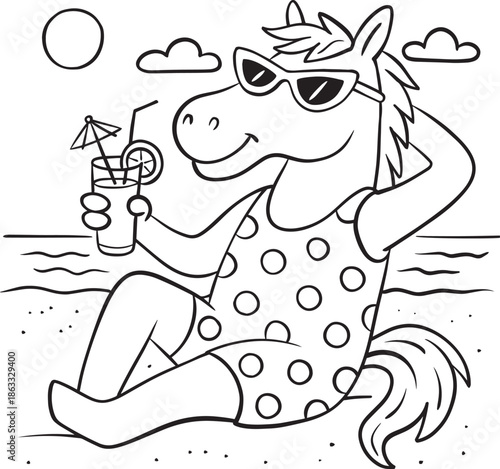 Funny cartoon horse relaxing on beach in polka dot swimsuit with sunglasses and tropical drink, summer vacation coloring page for kids