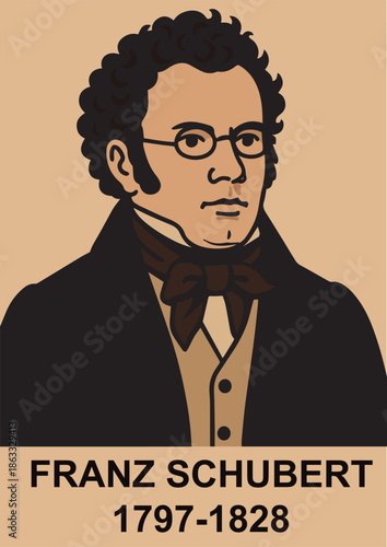 Portrait of composer Franz Schubert in a 19th century costume. Historical illustration of the composer with signature and dates.