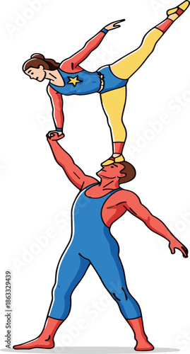 Acrobats, circus, balancing act, handstand, strength, flexibility, performance, aerial stunt, athletic duo, trust, coordination, motion, pose, teamwork, dynamic, male acrobat, female acrobat, artistic