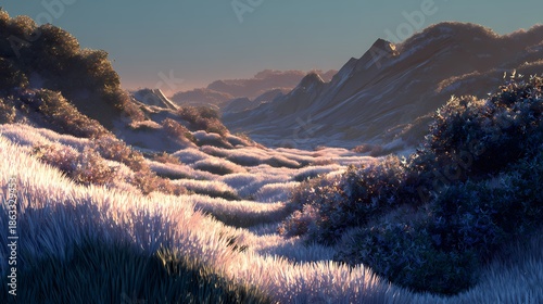 Serene winter landscape with snow-covered mountains and frosty grass
