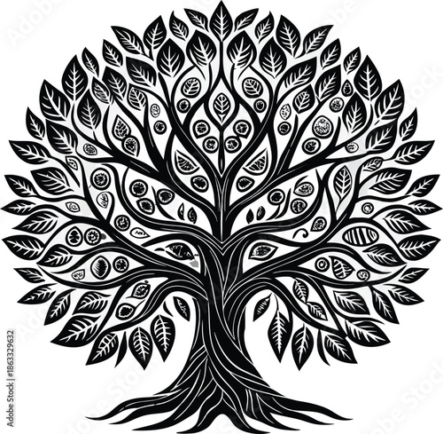 Intricate black and white tree illustration