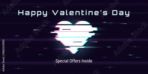 Valentine’s Day promotional banner with glitch heart and Y2K style. Modern love concept with neon colors, abstract background and copy space. Perfect for sales, special offers, ads, and social media.