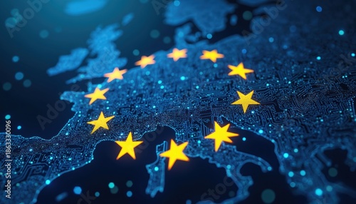 Wallpaper Mural European Union map outlined on digital circuit board. Yellow stars of EU flag embedded, signifying unity and technological advancement. Global network security and data protection themes. Torontodigital.ca