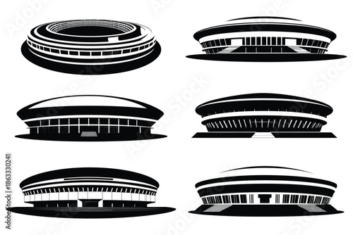 Modern football stadium silhouette vector set, soccer arena exterior architecture collection, black and white sports venue illustration, circular stadium building icons isolated on white background