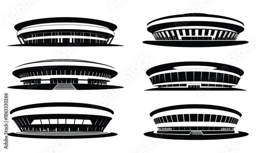 Modern football stadium silhouette vector set, soccer arena exterior architecture collection, black and white sports venue illustration, circular stadium building icons isolated on white background