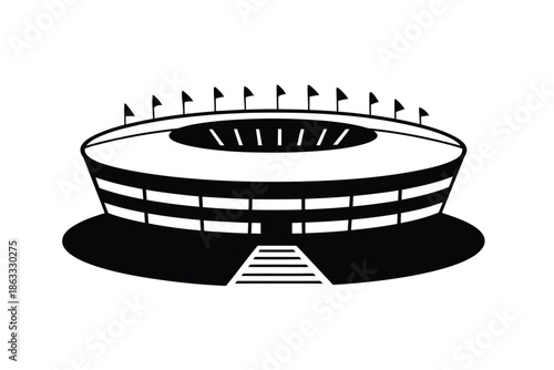soccer stadium vector illustration with modern football arena exterior architecture in black and white