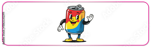 Friendly soda can mascot waving with colorful design