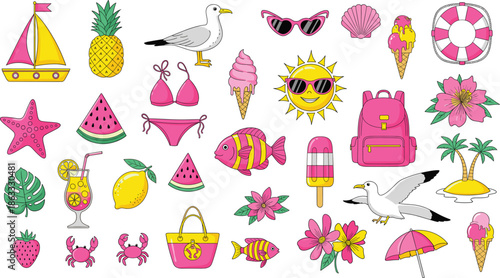 Summer Vacation Beach Icon Set with Tropical Fruits, Swimwear, Ice Cream, Sea Animals, and Travel Accessories for Holiday Posters, Seasonal Marketing, and Sun Filled Designs